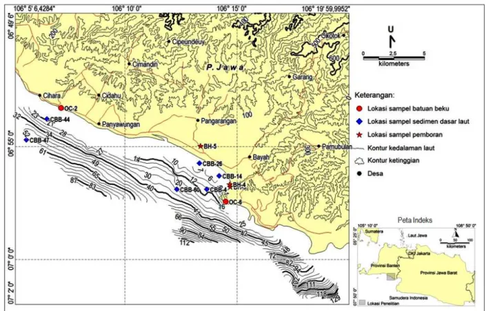 Gambar 1. Peta lokasi penelitian di perairan Bayah dan sekitarnya. 