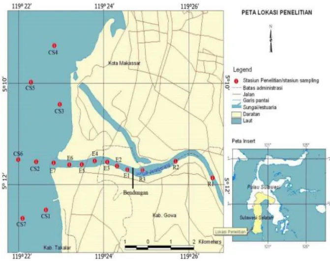 Gambar 1.  Peta lokasi penelitian dan sebaran titik sampling di perairan Estuaria  Jeneberang, Sulawesi Selatan