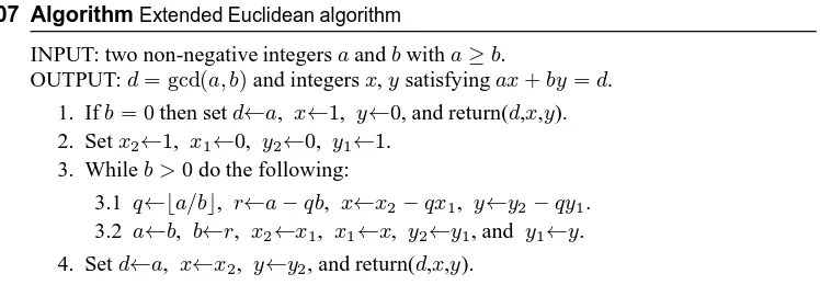 Table 2.2: Extended Euclidean algorithm (Algorithm 2.107) with inputs a = 4864, b = 3458.