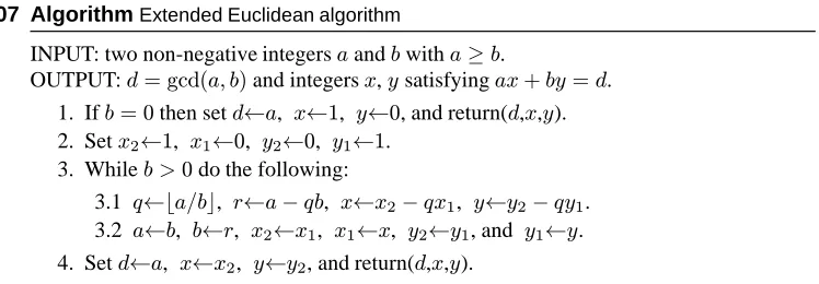 Table 2.2: Extended Euclidean algorithm (Algorithm 2.107) with inputs a = 4864, b = 3458.