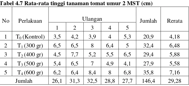 Tabel 4.7 Rata-rata tinggi tanaman tomat umur 2 MST (cm) 