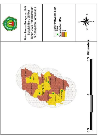 Gambar 6. Peta Skala Pelayanan Unit Sekolah Baru Jenjang SMP Tahun 2025 Per-kecamatan di Kabupaten Pamekasan 