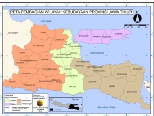 Gambar 1. Peta Pembagian Wilayah Kebudayaan di  Provinsi Jawa Timur 