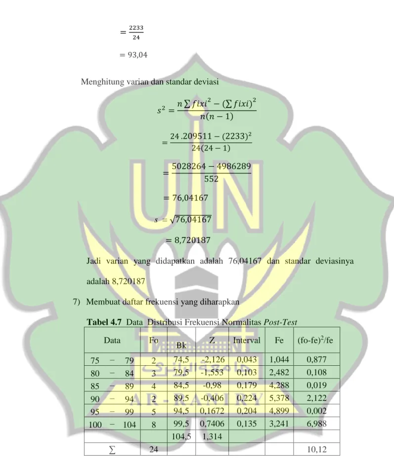 Tabel 4.7  Data  Distribusi Frekuensi Normalitas Post-Test