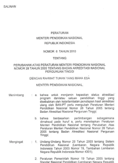 Permendiknas 6 Tahun 2010 Tentang Perubahan Atas Peraturan Menteri ...