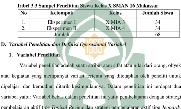 Tabel 3.3 Sampel Penelitian Siswa Kelas X SMAN 16 Makassar 