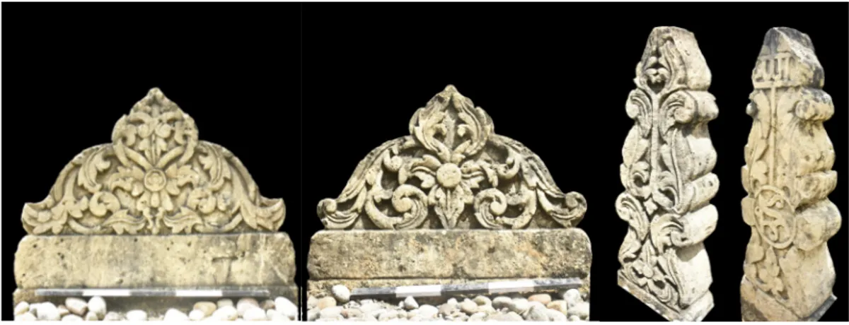 Gambar 5. Gunungan jirat bagian utara, Gunungan jirat bagian selatan, Inskripsi dan ragam hias nisan pada  makam 3 (dari kiri ke kanan) (Sumber: Balai Arkeologi Sulawesi Selatan 2016)