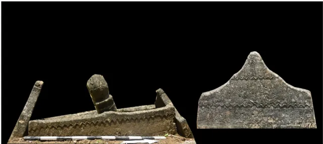 Gambar 14.  Badan jirat (kiri) dan gunungan jirat (kanan) pada makam 10 (Sumber: Balai Arkeologi Sulawesi Selatan  2016)
