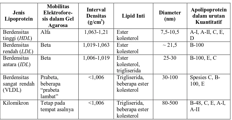 Tabel 2.2 Lipoprotein Utama Serum Manusia 