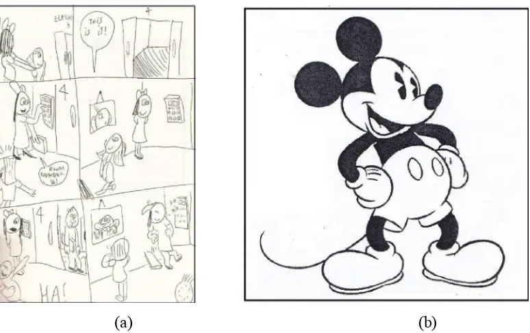 Gambar 1.1 (a) Contoh Komik Alexa Kitchen di Usia 5 Tahun, (b) Contoh Gambar Karakter “Mickey Mouse” (Sumber: (a) Darmawan, “How to Make Comic”, 2012: 15, (b) Maharsi, “Komik Dunia Kreatif 