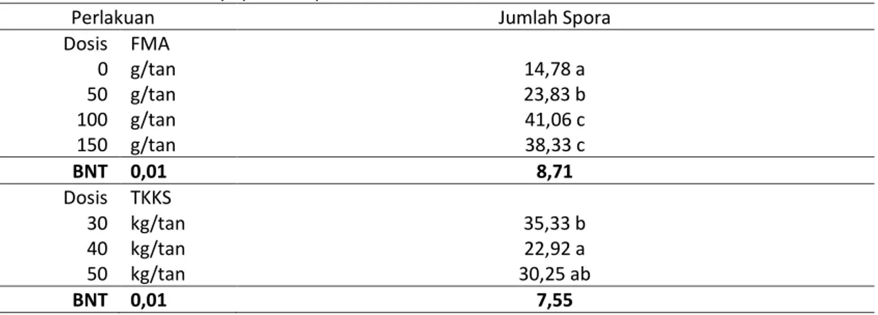 Tabel 5.    Rata-rata  jumlah  spora  pada  tanaman    kelapa  sawit    pada  umur  150  HSA  pada  berbagai  dosis FMA dan pupuk kompos TKKS 