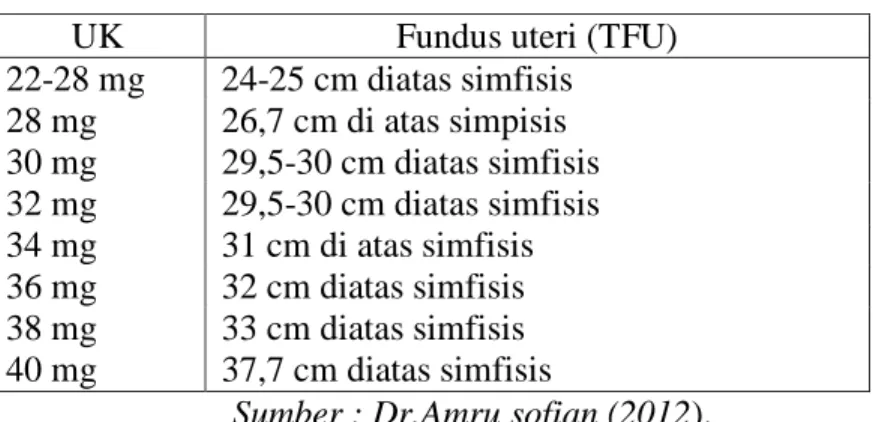 Tabel 2.4 TFU Menurut Usia Kehamilan 