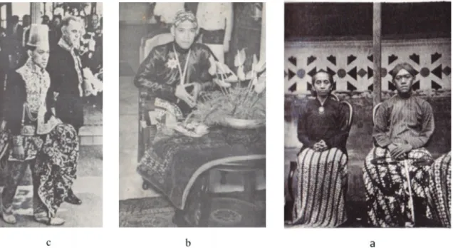 Gambar 1. a. Sultan Hamengku Buwana IX mengenakan busana kanigaran; b. Sultan Hamengku  Buwana IX mengenakan busana kasatriyan ageng; c