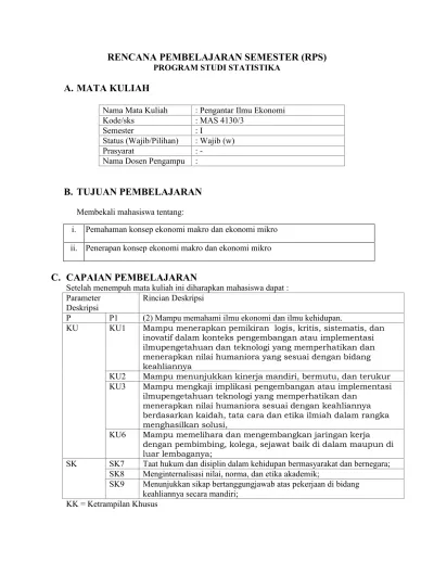 RENCANA PEMBELAJARAN SEMESTER (RPS) PROGRAM STUDI STATISTIKA A. MATA KULIAH