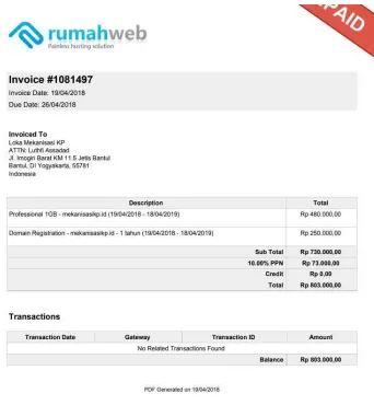 Gambar 7. Bukti pemesanan domain dan hosting 