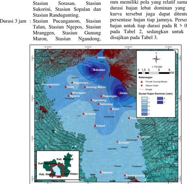 Gambar 4. Peta sebaran durasi hujan lebat dominan stasiun-stasiun hujan di sekitar wilayah Gunung Merapi