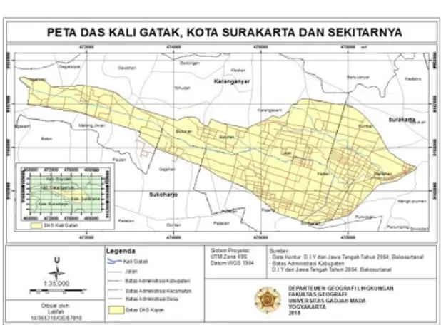Gambar 1. Peta Administrasi DAS Gatak  Daerah kajian merupakan daerah urban  dengan  jenis  penggunaan  lahan  sebagian  besar  berupa  lahan  terbangun