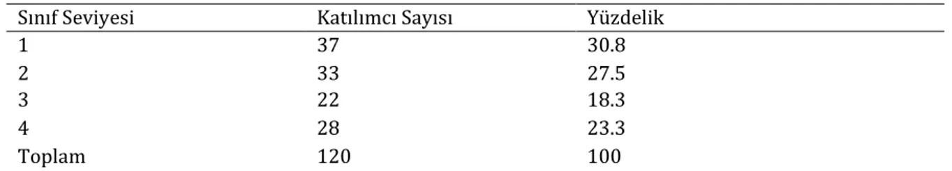 Tablo 1. Sınıf düzeyine göre katılımcıların sayısı ve yüzdelikleri 