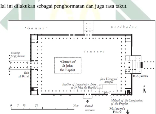 Gambar  4.1:Masjid  Umayyah  pertama.  Sumber:  buku  Damaskus  a  History  karya  Ross  Burns  diterbitkan  di  New  York  oleh  penerbit  Routledge pada tahun 2007