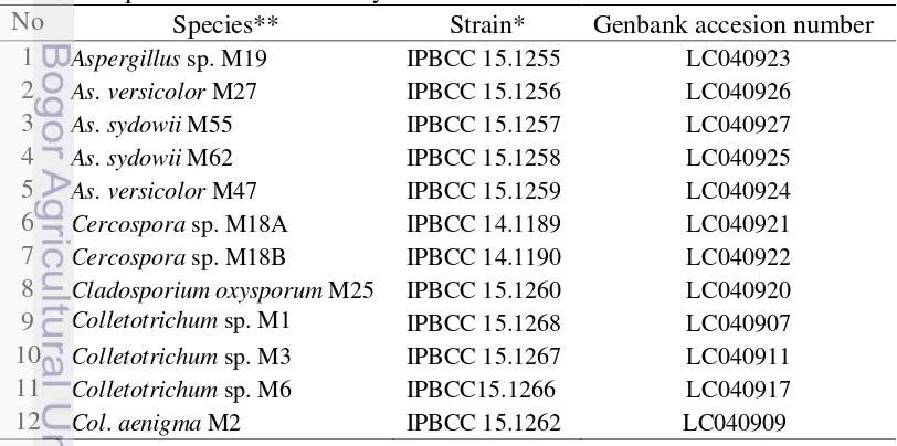 Table 2.1 GeneBank ITS accession numbers strains of fungal endophytes and 