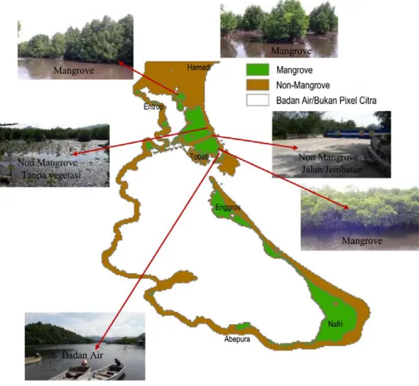 Gambar 2. Hasil klasifikasi supervised citra Landsat 8 dan beberapa titik validasi lapangan 