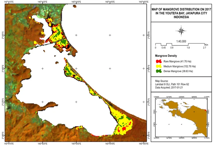 Gambar 3. Peta sebaran dan kerapatan mangrove kawasan Teluk Youtefa tahun 2017 