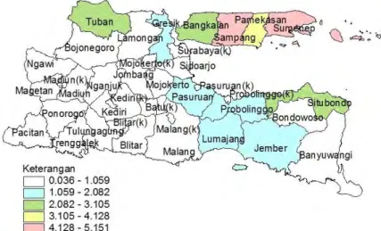 Gambar 4.1 Penyebaran Prevalensi Kusta Menurut Kabupaten/Kota di Provinsi  Jawa Timur 