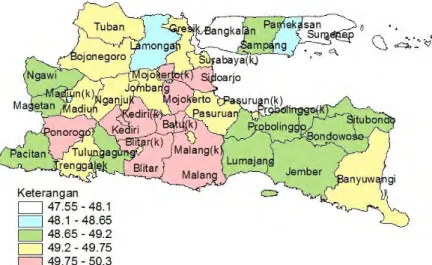 Gambar 4.2 Penyebaran Persentase Penduduk Laki-laki Menurut  Kabupaten/Kota di Provinsi Jawa Timur 