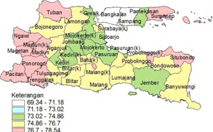 Gambar 4.3 Penyebaran Persentase Penduduk yang Berusia &gt;15 tahun Menurut  Kabupaten/Kota di Provinsi Jawa Timur 