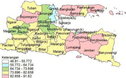 Gambar 4.4 Penyebaran Persentase Penduduk yang Berpendidikan Tertinggi &lt;  SMP Menurut Kabupaten/Kota di Provinsi Jawa Timur 