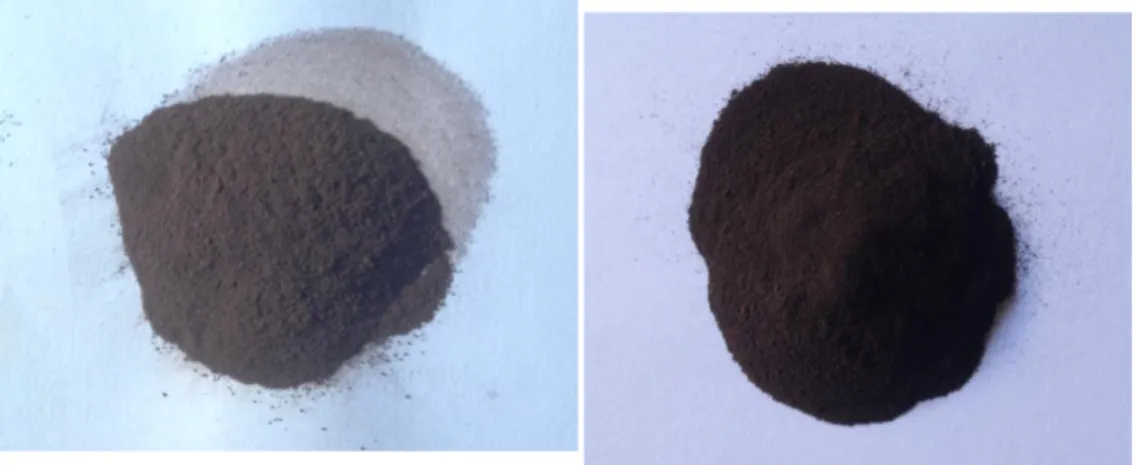 Gambar 1.   Asam  humat  hasil  ekstraksi  dan  pemurnian  dari  tanah  gambut  (kiri)  dan 