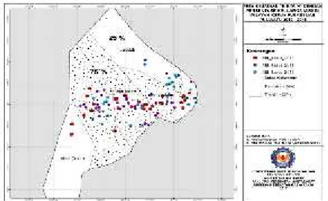 Gambar 2.  Peta  Pola  Spasial  Distribusi  Kejadian  TB Paru  BTA  Positif Berdasarkan  Tingkat  Kepadatan Penduduk di  Wilayah  Kerja  Puskesmas  Puuwatu Tahun 2013-2015