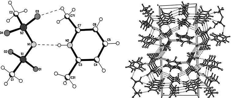Gambar 3   Struktur asimetris 2,6-dimethylpyridinium-di(methanesulfonyl)amidat (kiri) dan crystall packing dari 2,6-dimethylpyridinium-di(methanesulfonyl)amidat rangkaian ikatan hidrogen yang membentuk struktur berpori-pori ( 27)