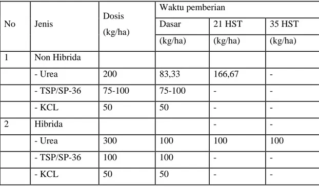 Tabel 4 Dosis dan Waktu Pemberian Pupuk pada Tanaman Jagung 