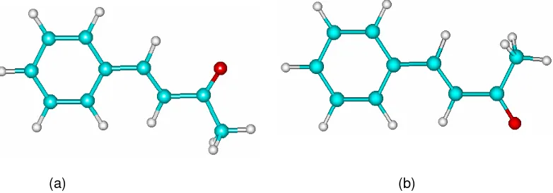 Gambar 3  Model senyawa benzalaseton dengan sudut dihedral C1’, C2’, C3’, dan O (a) 0o dan  (b) 180o 
