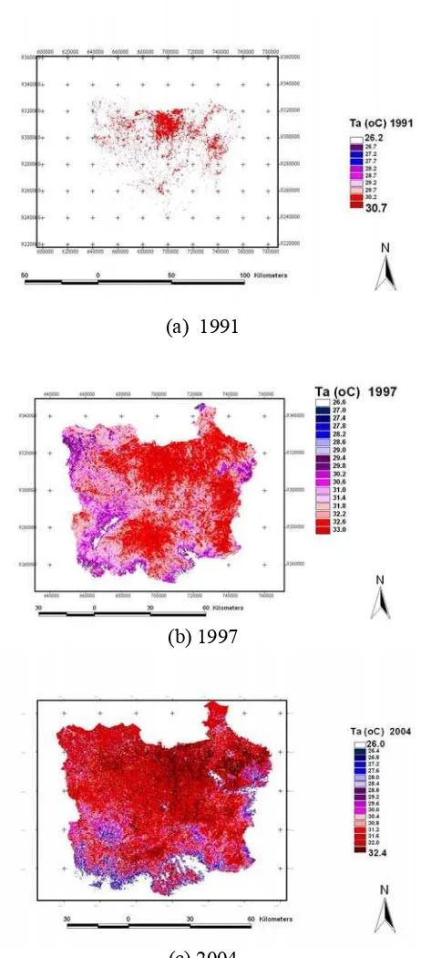 Gambar 10.  Sebaran nilai suhu udara terkalibrasi hasil ekstraksi Landsat                                   periode 1991, 1997 dan 2004 