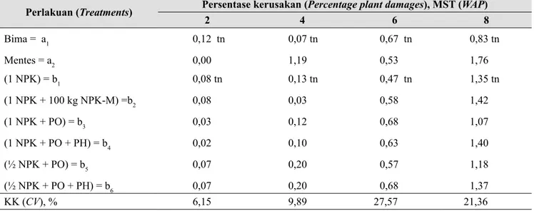 Tabel 12.  Pengaruh varietas dan pengelolaan hara terhadap persentase kerusakan tanaman bawang merah  oleh layu fusarium (Effects of varieties and nutrient managements on percentage plant damages by  Fusarium oxysporum Hanz.)