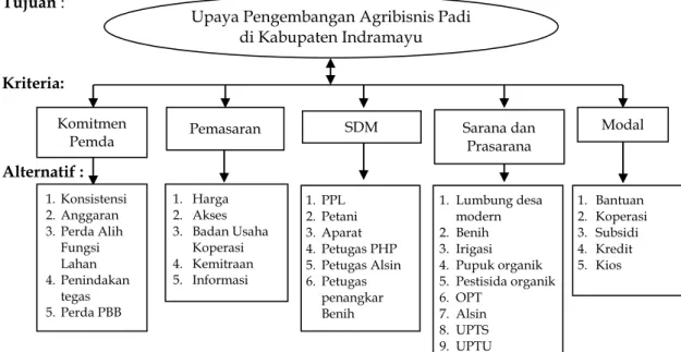 Gambar 1. Hierarki Kriteria dan Alternatif Upaya Pengembangan Agribisnis Padi   di   Kabupaten Indramayu 