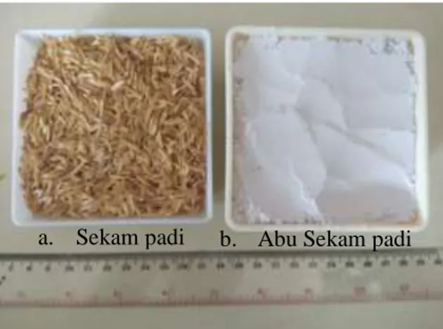 Gambar 2. Sekam padi yang telah dibakar dan menghasilkan White Rice Husk Ash/WRHA  Karakterisasi dan pengujian  