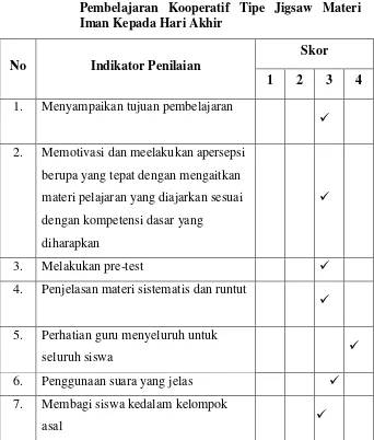 Tabel 4.4. Data Observasi Aktivitas Guru Selama Proses 