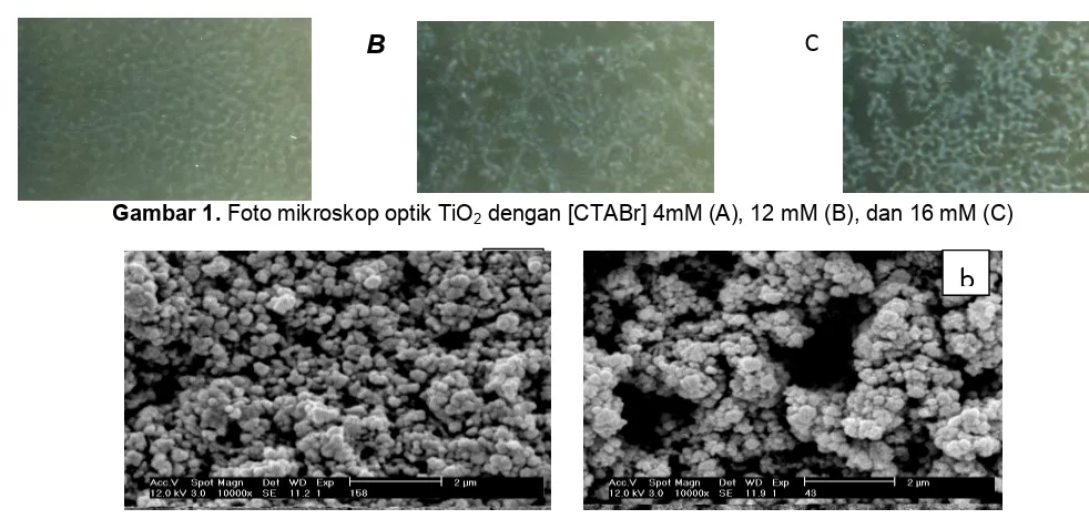 Gambar 1. Foto mikroskop optik TiO2 dengan [CTABr] 4mM (A), 12 mM (B), dan 16 mM (C)