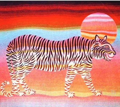 Gambar 28 Merupakan contoh lukisan dekoratif, Suparto, “Tiger”, 1980  Sumber: Buku Seni Budaya kelas XI SMA/SMK/MA/MAK, Kemendikbud 