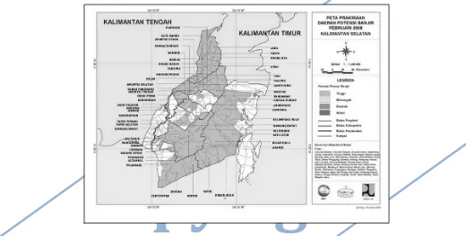 Gambar 3 – Peta Prakiraan Daerah Potensi Banjir di Kalimantan Selatan pada bulan Pebruari 2008, menunjukkan bahwa sebagian besar wilayah ini memiliki kerawanan banjir yang tinggi (Sumber: BMG, 2008)