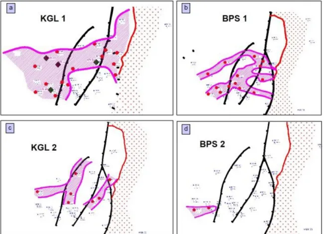 Gambar  7. Sebaran anomali mineral radioaktif pada lubang bor, (a) pada batuan konglomerat 1, (b) pada batuan  batupasir 1, (c) pada lapisan konglomerat 2, (d) pada lapisan batupasir 2.