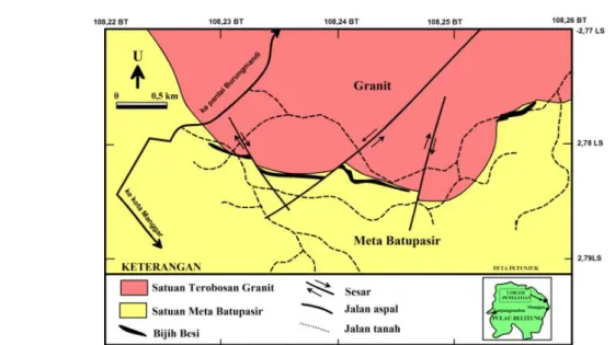 Gambar  4. Peta geologi dan sebaran bijih besi daerah Batubesi, Kecamatan Damar, Kabupaten Belitung Timur