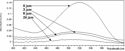 Gambar 1. Spektrum serapan zat warna Erionil Red 5 ppm  dengan perlakuan sinar UV+TiO2, setelah disinari 0, 3, 6 dan 24 jam 