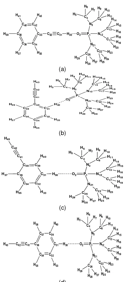 Fig 6. Molecular configuration of paired-molecule and H-acidic phenylacetylene and HMPT (a) linearly: r/Å=2.1408, 