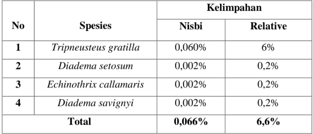 Tabel 3. Kelimpahan Jenis Bulu Babi (Echinoidea) pada Transek 2 