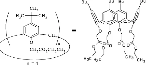 Fig 1.       Structure of the ion carrier p-tert-butylcalix[4]-arene-tetraethylester or 5,11,17,23-tetrakis-(tert-butyl)-25,26,27,28-tetrakis(ethoxycarbonilmethoxy)calix[4]-arene