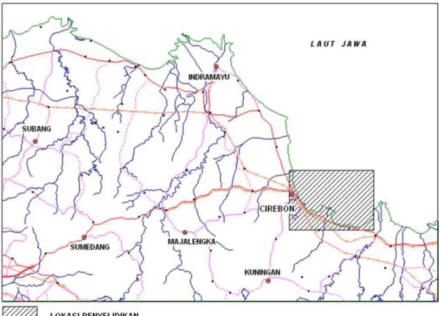 Gambar 1. Peta Lokasi Daerah Penyelidikan pantai Cirebon oleh PPPGL, Tahun Anggaran 
